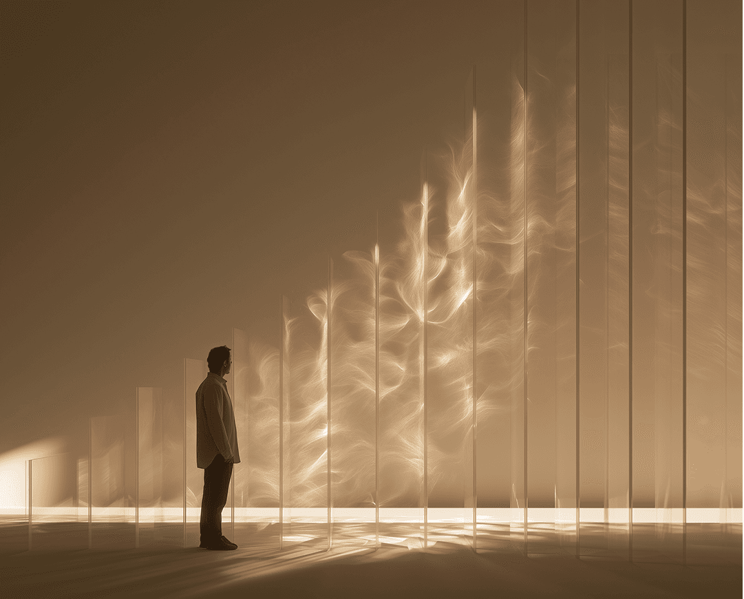 A figure standing before a wall of light